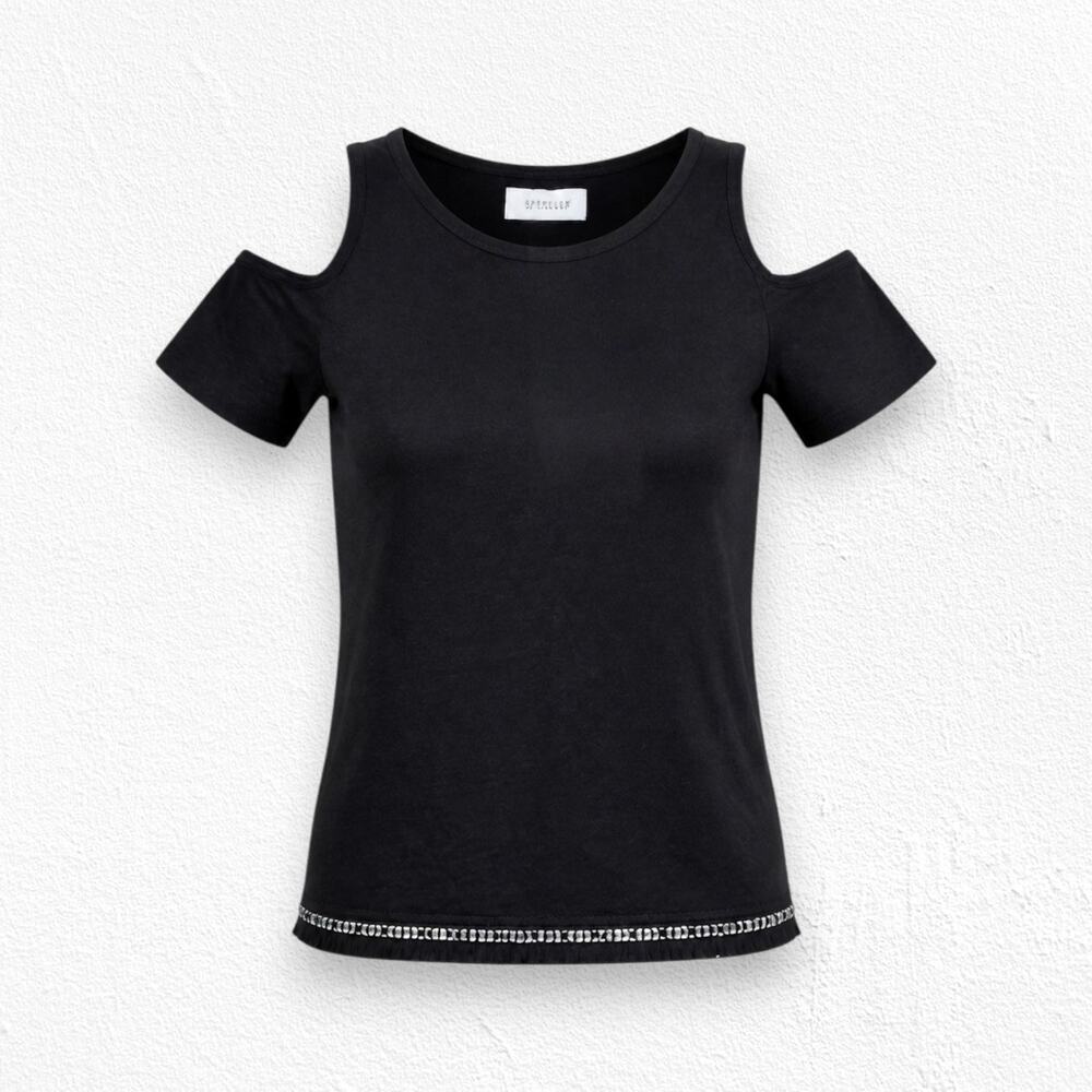 Derek Lam 10 Crosby Black Linen Cold Shoulder Chain Fringe Top Size Small NWT